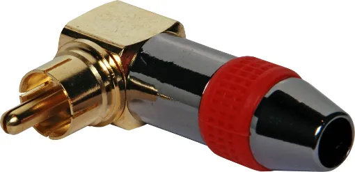 Aluminium 90 deg. RCA connector with 6mm cable entry. Red identifying stripe