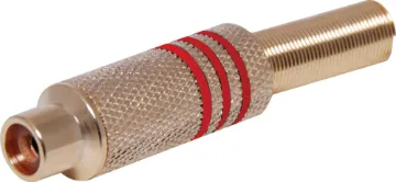 Red RCA Socket Line Gold Metal Gold plated RCA Line socket with strain relief spring and solder connections. Maximum cable entry size 7mm dia.. Red identifying stripe