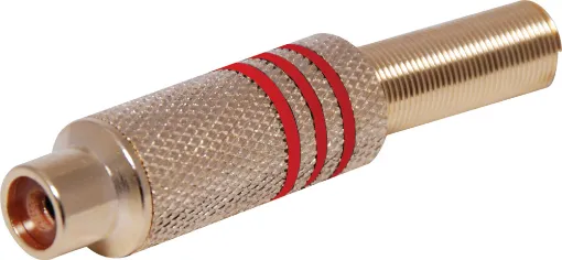 Gold plated RCA Line socket with strain relief spring and solder connections. Maximum cable entry size 7mm dia.. Red identifying stripe