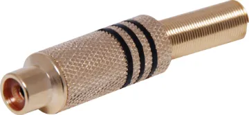 Black RCA Socket Line Gold Metal Gold plated RCA Line socket with strain relief spring and solder connections. Maximum cable entry size 7mm dia.. Black identifying stripe