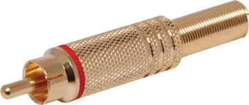 Red RCA Plug Line Gold Metal Gold plated RCA Line plug with strain relief spring and solder connections. Maximum cable entry size 7mm dia.. Red identifying stripe