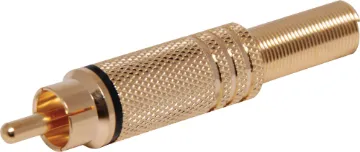 Black RCA Plug Line Gold Metal Gold plated RCA Line plug with strain relief spring and solder connections. Maximum cable entry size 7mm dia.. Black identifying stripe