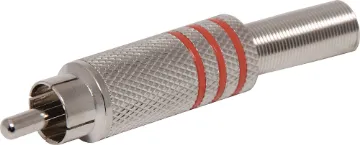 Red RCA Plug Line Metal Aluminium plated RCA Line plug with strain relief spring and solder connections. Maximum cable entry size 7mm. Red identifying stripe