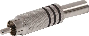 Black RCA Plug Line Metal Aluminium plated RCA Line plug with strain relief spring and solder connections. Maximum cable entry size 7mm. Black identifying stripe