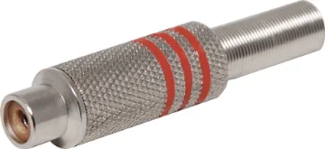 Red RCA Socket Line Metal Aluminium plated RCA Line socket with strain relief spring and solder connections. Maximum cable entry size 7mm. Red identifying stripe
