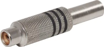 Black RCA Socket Line Metal Aluminium plated RCA Line socket with strain relief spring and solder connections. Maximum cable entry size 7mm. Black identifying stripe
