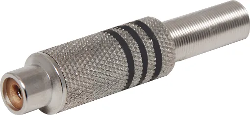 Aluminium plated RCA Line socket with strain relief spring and solder connections. Maximum cable entry size 7mm. Black identifying stripe