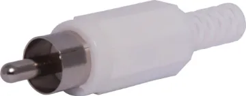 White RCA Plastic Line Plug Plastic RCA line connector with strain relief. Maximum cable entry size 5mm Ø. White.