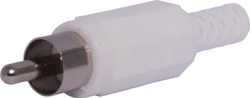 Plastic RCA line connector with strain relief. Maximum cable entry size 5mm Ø. White.