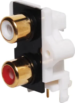 2 Way PCB Mount Gold RCA Socket  2 x 1 PCB mount RCA sockets. Gold plated contacts.