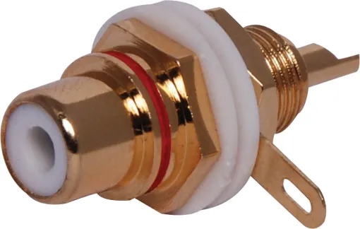 Gold plated single hole mount sockets. Insulated from chassis. Mounting hole 9.4mm . Red identifying stripe.