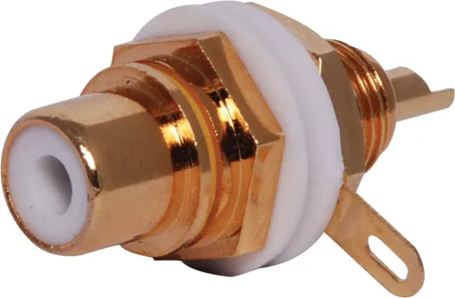 Gold plated single hole mount sockets. Insulated from chassis. Mounting hole 9.4mm . Yellow identifying stripe.