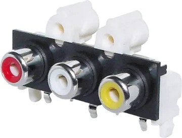 3 Way PCB Mount RCA Socket 3 x 1 horizontal PCB mount RCA sockets.