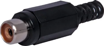 Black RCA Plastic Line Socket Plastic RCA line connector with strain relief. Maximum cable entry size 5mm Ø. Black.