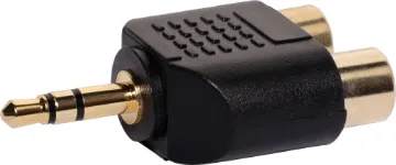 2 RCA Female to 3.5mm Stereo Plug Adapter Stereo Plug. Ideal for plugging your PC or laptop audio/headphone output into your home stereo, mixer etc.
Just add an RCA lead.