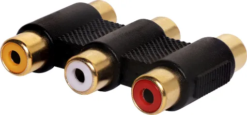 Female RCA to female RCA by three. Typically used to extend an AV lead and as such has red, white and yellow colours for audio (red &amp white) and video (yellow).