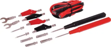 Universal Test Lead Set Includes 2 leads which are ready to accept a range of screw-on fittings.
Set includes:
4 x Croc Clips
2 x Pin Plugs
2 x Hand Probes
4 x Banana Plugs
2 x Fork Connectors