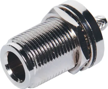 Crimp On RG58U Female Chassis Mount N Type Panel Mount socket  to suit RG58U coax. Crimp connection.
As used in RF 2-way radio communications equipment. Requires 15mm panel hole.