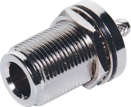 Panel Mount socket  to suit RG58U coax. Crimp connection.
As used in RF 2-way radio communications equipment. Requires 15mm panel hole.