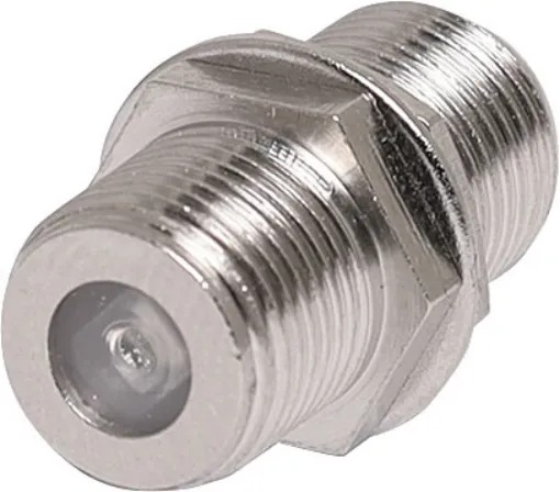 Female to Female F type connector joiner. Threaded type with two nuts for securing to chassis.