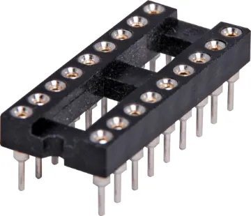 18 Pin (0.3") DIL Machined Pin IC Socket Contact Resistance: 30M Ohms Max @ DC 100mA
Insulation Resistance: 1000M Ohms Min @ DC 250V
Current Rating: 1 Amp
Dielectric Voltage: AC 500V for 1 Minute
Operating Temp: -55° to 105° C
Gold Plated Beryllium Copper Contacts