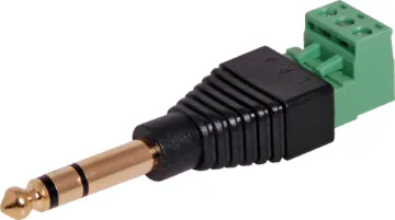 6.35mm Stereo Jack Plug With Screw Terminals A 6.35mm Stereo plug with a 2.54mm pitch 3 way screw terminal mounted on the rear. Perfect for when there is no soldering iron handy.