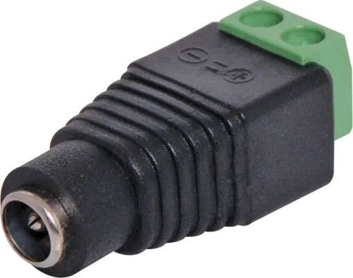 Two way screw terminal to 2.1mm DC male socket.