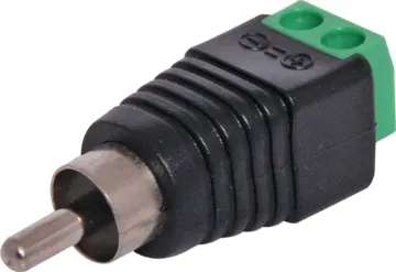 RCA Plug With Screw Terminals An RCA plug with a 2.54mm pitch 2 way screw terminal mounted on the rear. Perfect for when there is no soldering iron handy.