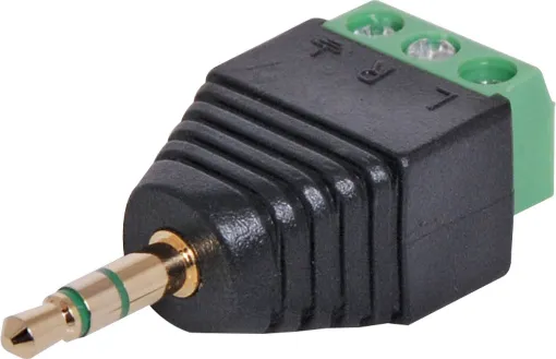 A 3.5mm Stereo plug with a 2.54mm pitch 3 way screw terminal mounted on the rear. Perfect for when there is no soldering iron handy.