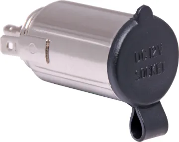 12VDC Flush Panel Mount Female Car Accessory Socket PVC cap prevents dust buildup. 2 piece design for flush mounting. Accepts 3.5mm bullet connector and 6.3mm spade socket. Requires 22mm cutout.