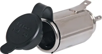 12VDC Flush Panel Mount Female Car Accessory Socket PVC cap prevents dust buildup. 2 piece design for flush mounting. Accepts 3.5mm bullet connector and 6.3mm spade socket. Requires 28mm cutout.