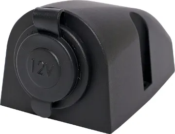 12VDC Surface Mount Female Black Car Accessory Socket A surface mount socket with rubber cap to prevent dust buildup. Includes rubber seal for base and mounting hardware. 87L x 48H x 55Wmm. 6.3mm spade  terminals. Will lock when mated with P 0662
