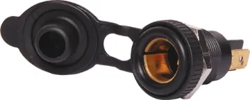 12VDC 8A Female Panel Mount Merit Socket As used in many 4WD, RV and caravans. Ideal connector for DC power in vehicles. Rated at 8A (contacts rated to 16A).  Fitted with 6.4mm spade connectors.