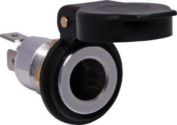 12VDC 15A Female Panel Mount Merit Socket As used in many 4WD, RV and caravans. Ideal connector for DC power in vehicles. 12V 15A rated.  Fitted with 6.4mm spade connectors.
