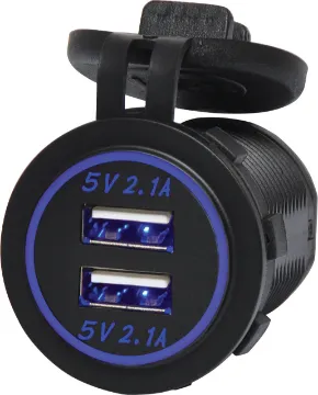 4.2A Dual USB Charging Panel Mount Socket  Connects directly to 12V with blue LED backlight. Designed to fit P 0679/80/81, but can also be used standalone. 4.2A DC max current. 28mm mounting hole. 19mm thread length.