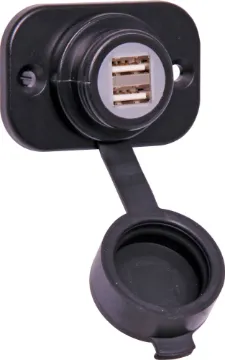 Dual USB Panel Mount Weatherproof Charging Socket Includes pre terminated wiring harness for quick hook up. 2.1A max output.