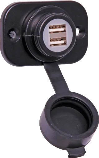 Includes pre terminated wiring harness for quick hook up. 2.1A max output.