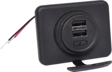 Dual USB 2.1A Surface Mount Socket This dual socket mount connects directly to 12V with included flyleads. Features a 65 x 42.5mm mounting facia included (can be used without facia if required). The rubber cap is weatherproof. With the dual outputs you are able to charge 2 devices simultaneously. 50mm spacing between mounting screws. 5mm screws with 9mm countersunk head. 29mm mounti
