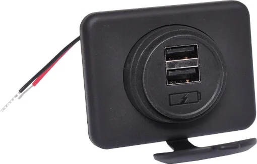 This dual socket mount connects directly to 12V with included flyleads. Features a 65 x 42.5mm mounting facia included (can be used without facia if required). The rubber cap is weatherproof. With the dual outputs you are able to charge 2 devices simultaneously. 50mm spacing between mounting screws. 5mm screws with 9mm countersunk head. 29mm mounti