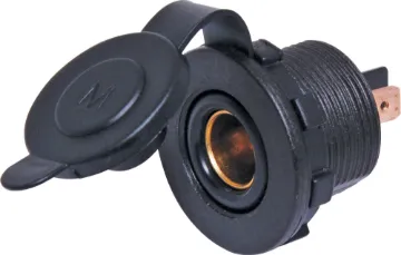 12VDC Panel Mount Female Merit Socket Merit style socket designed to fit P 0680 or P 0681, but can also be used standalone. 28mm mounting hole. Protective rubber cap. Thread length 16mm. (max thickness).