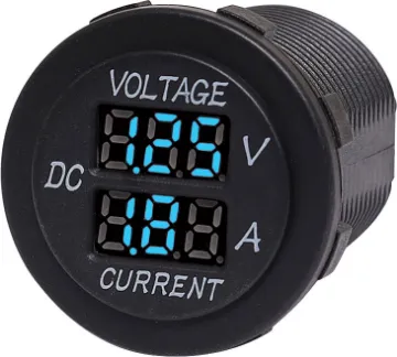 Panel Mount Voltage and Current Meter Measures 6-30V DC @ 10A max with internal shunt. 29mm mounting hole. 19mm thread length.