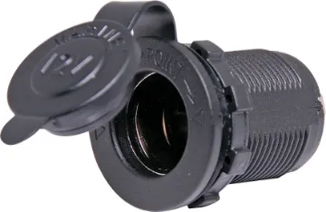 12VDC Panel Mount Female Car Accessory Socket 28mm mounting hole. Rubber cap prevents dust buildup inside connector. Thread length 19mm (max material thickness).