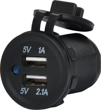 Dual USB Waterproof Panel Mount 3.1A Charging Socket Connects directly to 12V with included flyleads. Fitted with rubber cap to prevent moisture and dust ingress. 3.1A DC max current (shared between the two USB ports). Waterproof, heat resistant and oil proof. Ideal for a range of electronic goods.