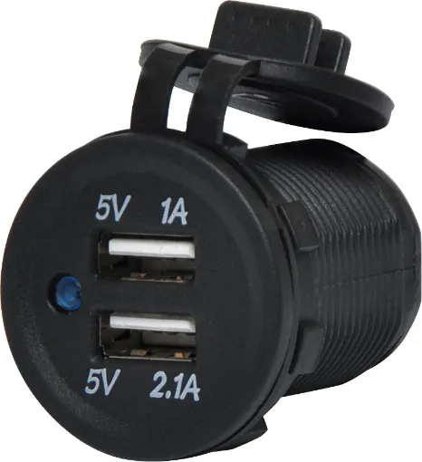 Connects directly to 12V with included flyleads. Fitted with rubber cap to prevent moisture and dust ingress. 3.1A DC max current (shared between the two USB ports). Waterproof, heat resistant and oil proof. Ideal for a range of electronic goods.