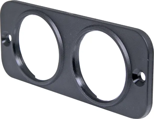 A flush panel mount facia with two holes suitable for mounting P 0675 car accessory socket, P 0677 dual usb charger and P 0672 volt meter. 105W x 43Hmm.