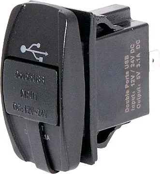 Dual USB Dashboard Mount Weatherproof 3.1A Charging Socket Connects directly to 12-24V with i6.8mm spade terminals. Fitted with rubber cap to prevent moisture and dust ingress. Designed to mount directly in a modern dashboard blanking panel.