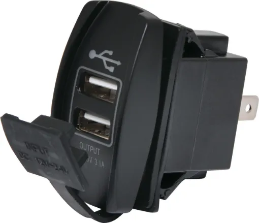 Connects directly to 12-24V with i6.8mm spade terminals. Fitted with rubber cap to prevent moisture and dust ingress. Designed to mount directly in a modern dashboard blanking panel.