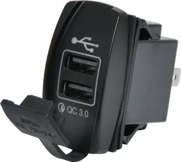 Dual USB Dash Mount QC3.0 3.1A Charging Socket Connects directly to 12-24V with i6.8mm spade terminals. Fitted with rubber cap to prevent moisture and dust ingress. Designed to mount directly in a modern dashboard blanking panel.