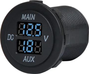 Panel Mount Dual Battery Voltmeter Dual main/aux voltmeters for monitoring batteries. Measures 6-30V DC. 29mm mounting hole. 19mm thread length.