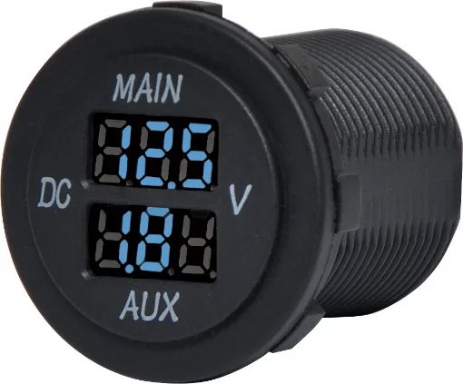 Dual main/aux voltmeters for monitoring batteries. Measures 6-30V DC. 29mm mounting hole. 19mm thread length.
